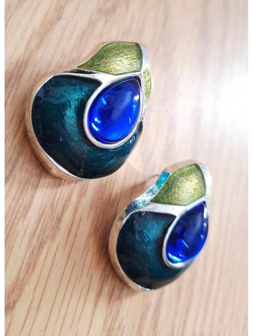 Vintage Peacock-Inspired Earrings Green and Blue Enamel with Large Faux Stone